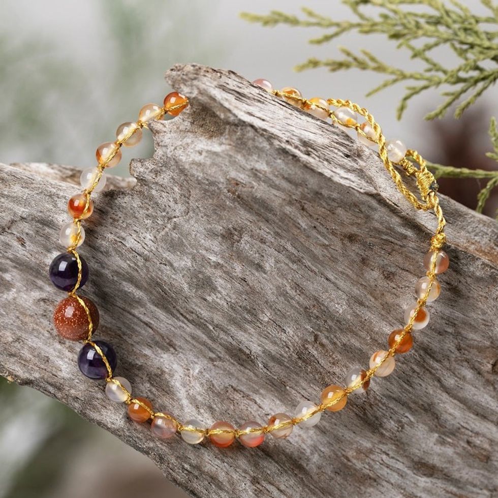 Adjustable Golden Chalcedony and Amethyst Beaded Bracelet 'Balanced Mind'