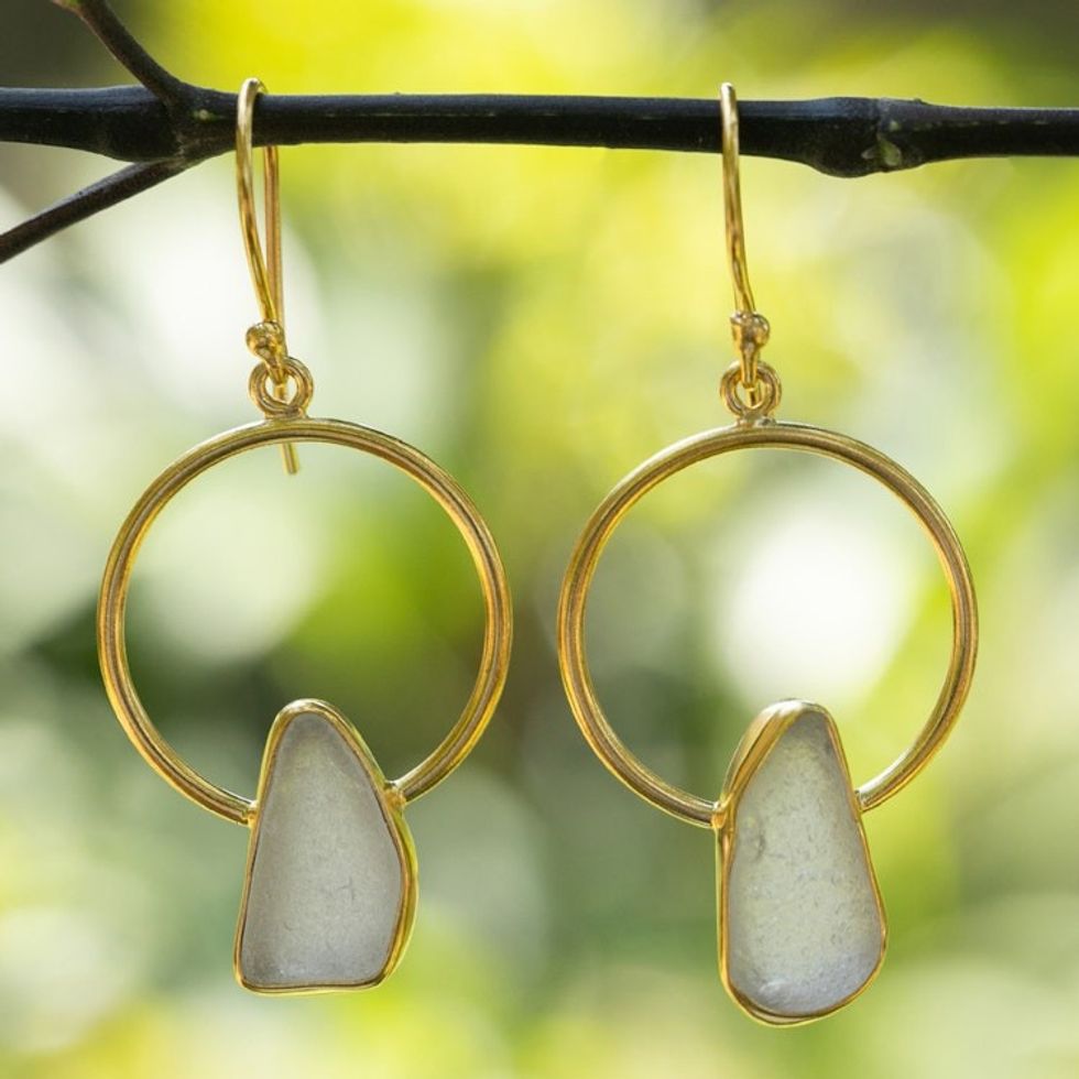 High-Polished 18k Gold-Plated Sea Glass Dangle Earrings 'Ocean Mirror'