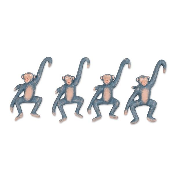 Alternate image for Set of 4 Hand-Painted Blue Albesia Wood Monkey Ornaments Gleeful Jungle