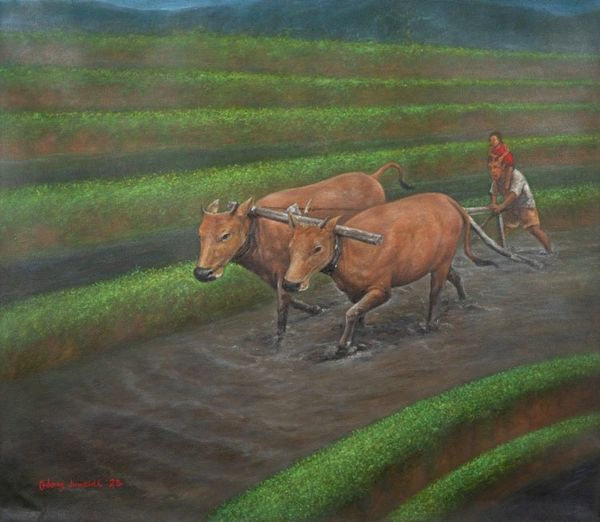 Alternate image for Nature-Inspired Impressionist Acrylic Rice Field Painting Plowing Rice Field