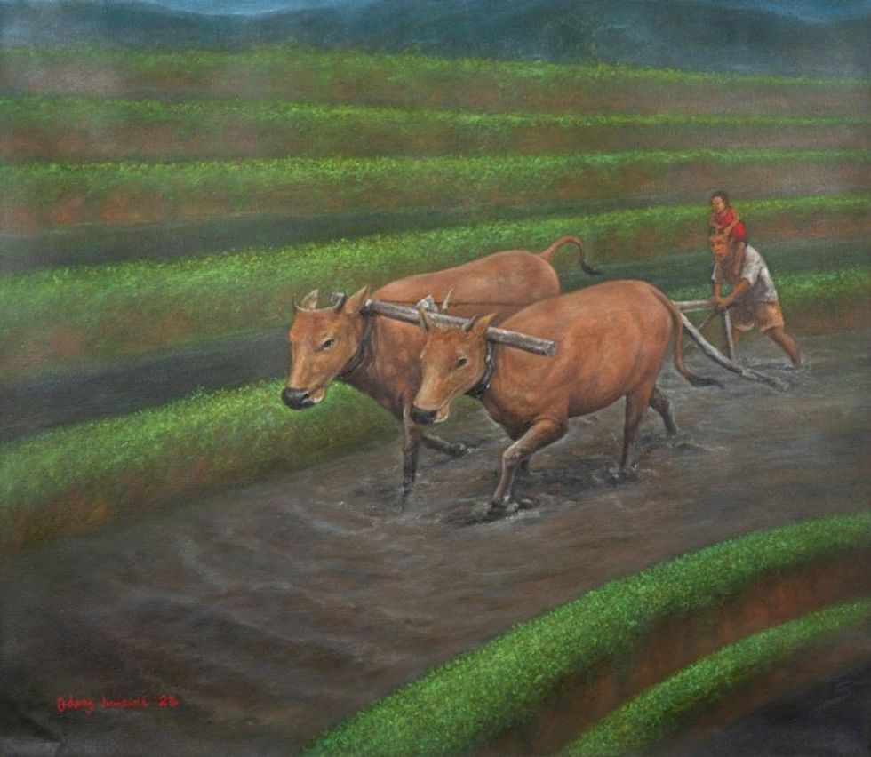 Nature-Inspired Impressionist Acrylic Rice Field Painting 'Plowing Rice Field'