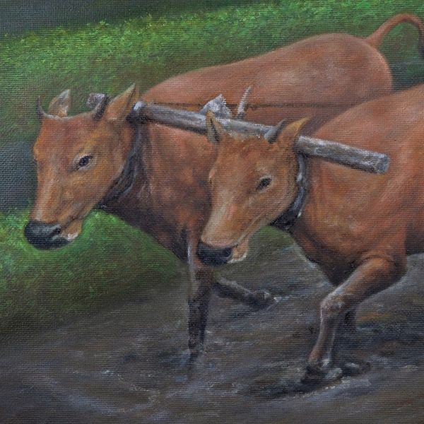 Alternate image for Nature-Inspired Impressionist Acrylic Rice Field Painting Plowing Rice Field