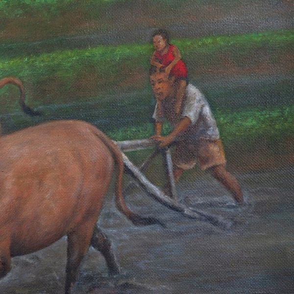 Alternate image for Nature-Inspired Impressionist Acrylic Rice Field Painting Plowing Rice Field