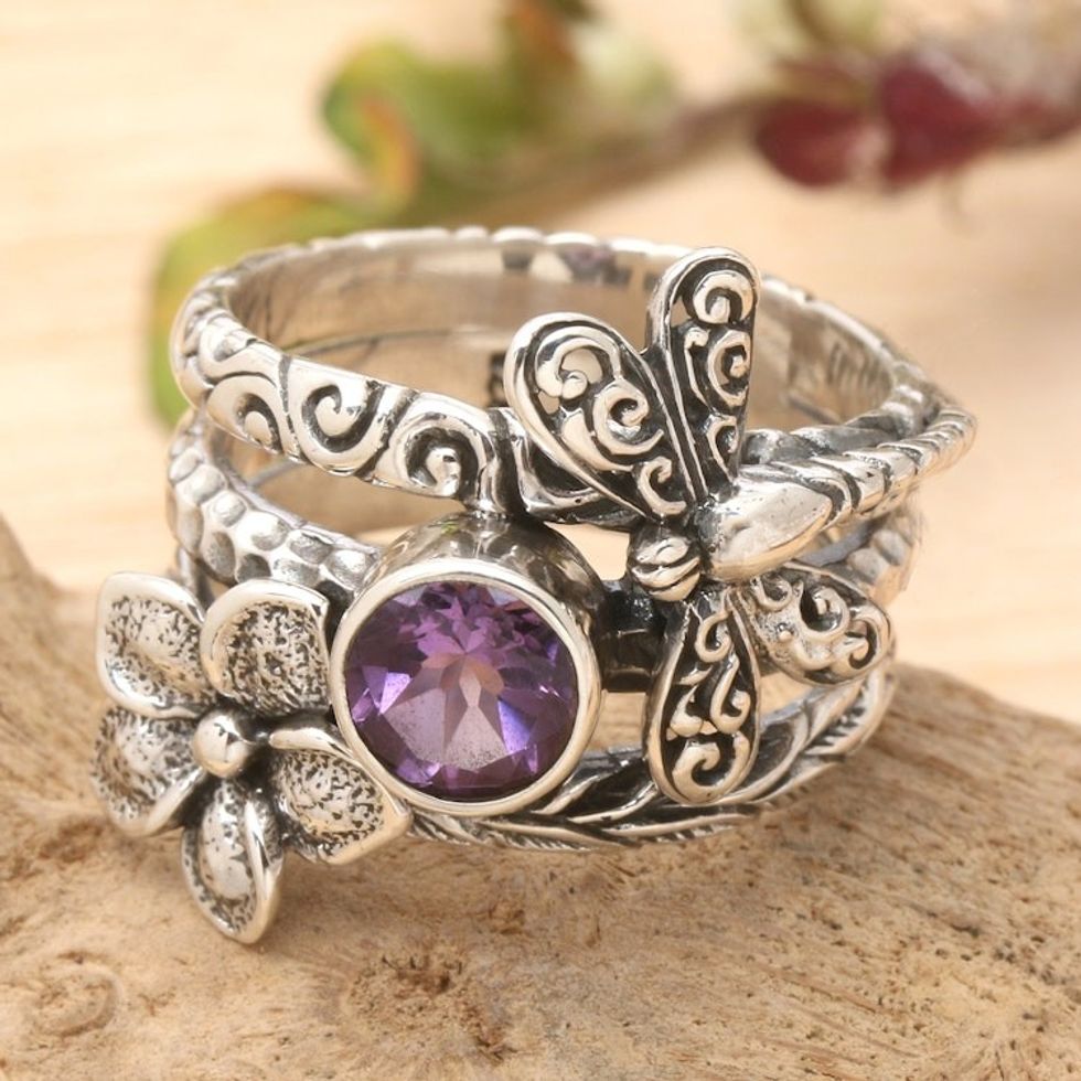Floral Dragonfly-Themed Faceted Amethyst Cocktail Ring 'Wise Dragonfly'