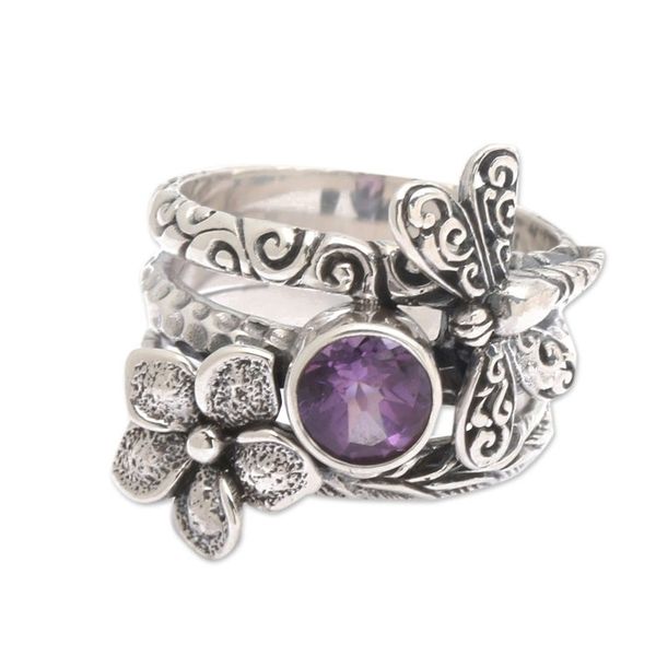 Alternate image for Floral Dragonfly-Themed Faceted Amethyst Cocktail Ring Wise Dragonfly