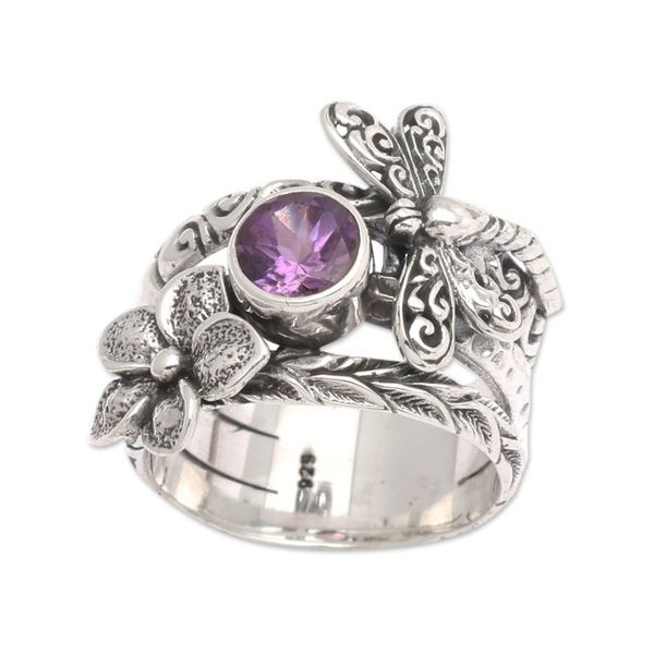 Alternate image for Floral Dragonfly-Themed Faceted Amethyst Cocktail Ring Wise Dragonfly
