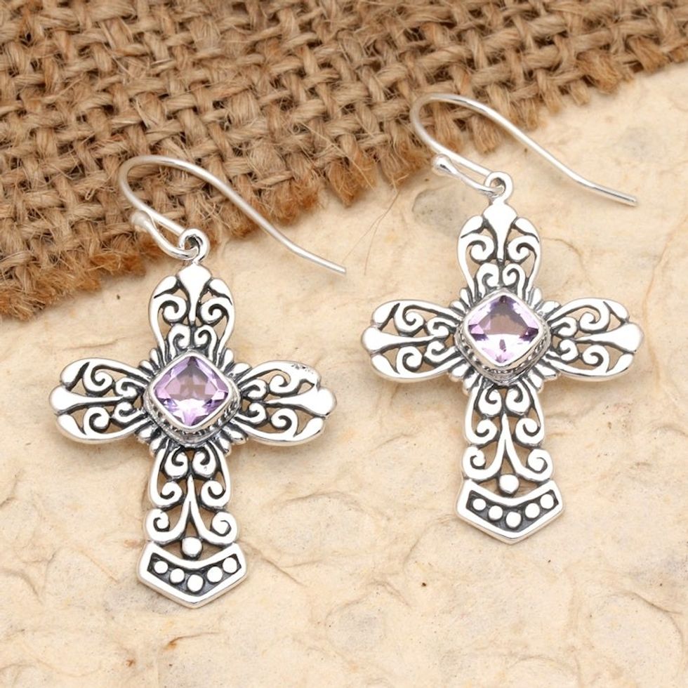 Sterling Silver Cross Dangle Earrings with Amethyst Stones 'Cross of Heaven in Purple'