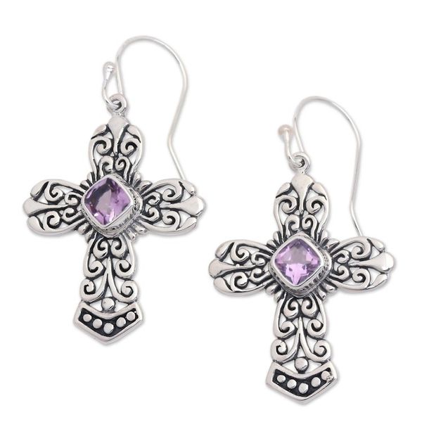 Alternate image for Sterling Silver Cross Dangle Earrings with Amethyst Stones Cross of Heaven in Purple