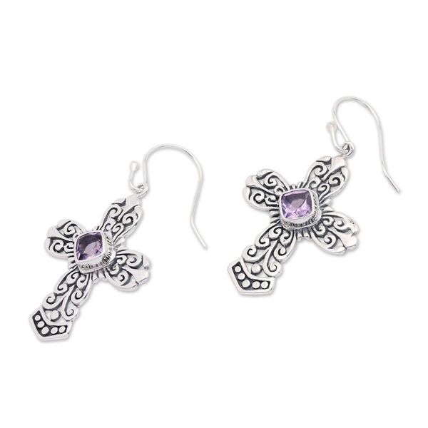 Alternate image for Sterling Silver Cross Dangle Earrings with Amethyst Stones Cross of Heaven in Purple