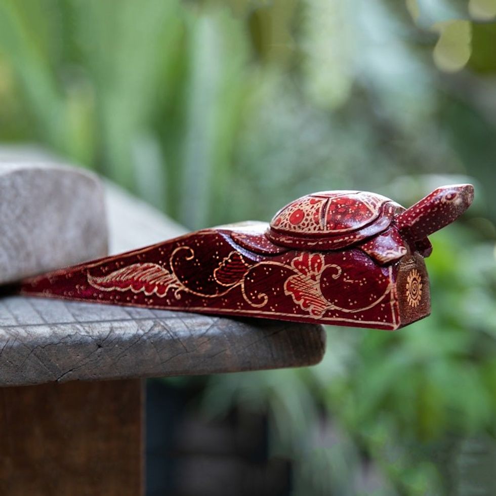 Batik-Patterned Turtle-Themed Burgundy Pule Wood Door Stop 'Wise Advisor'