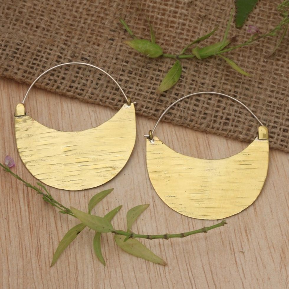 Modern Textured Gold-Plated Crescent-Shaped Hoop Earrings 'Textured Crescent'