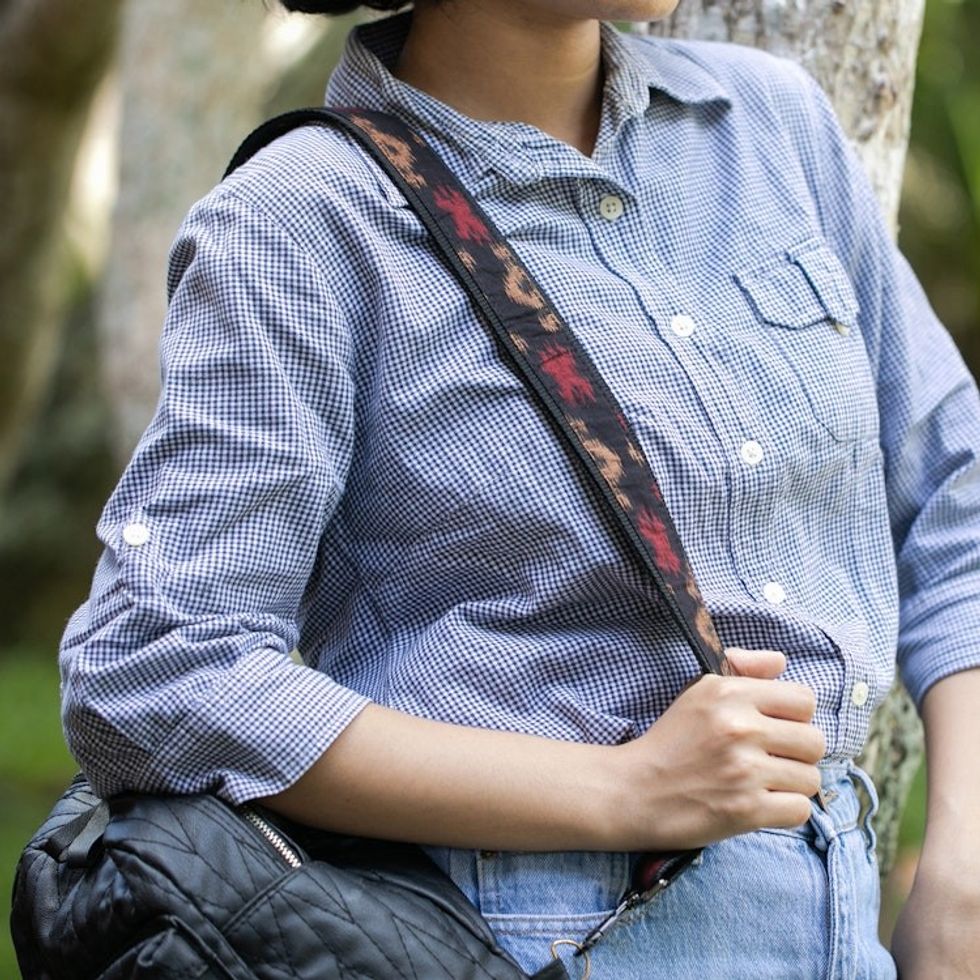 Ikat-Patterned Adjustable Brown and Red Cotton Bag Strap 'Bond to Klungkung'
