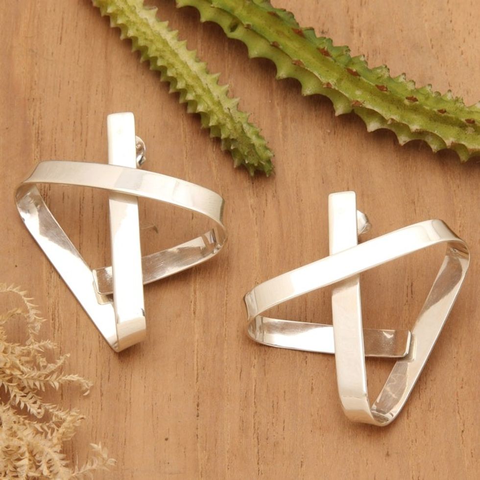 High-Polished Modern Sterling Silver Drop Earrings from Bali 'Weaving Avant-Garde'