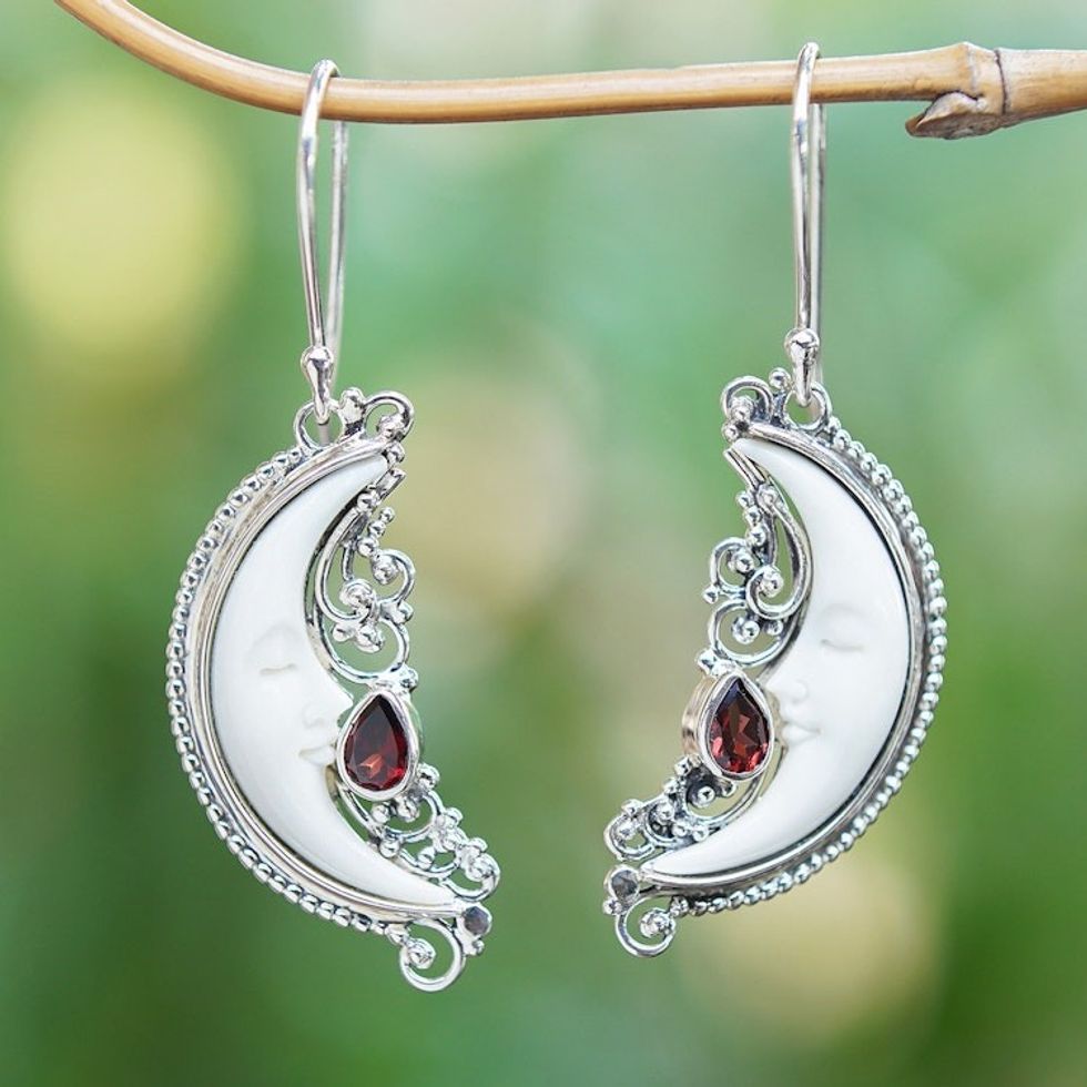 Moon-Themed Natural Garnet Dangle Earrings Crafted in Bali 'Moonlight Passion'