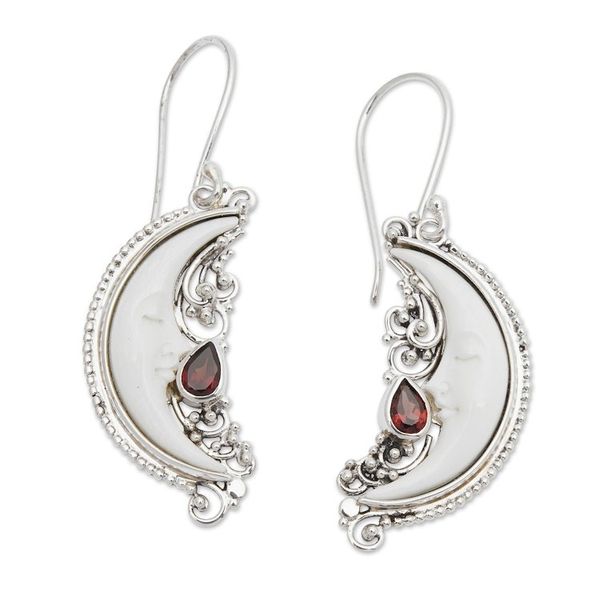 Alternate image for Moon-Themed Natural Garnet Dangle Earrings Crafted in Bali Moonlight Passion