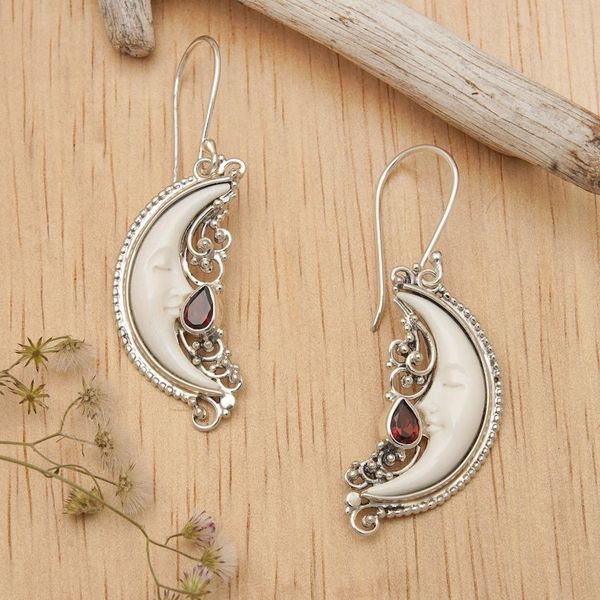Alternate image for Moon-Themed Natural Garnet Dangle Earrings Crafted in Bali Moonlight Passion