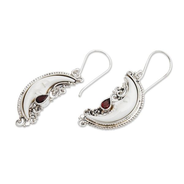Alternate image for Moon-Themed Natural Garnet Dangle Earrings Crafted in Bali Moonlight Passion