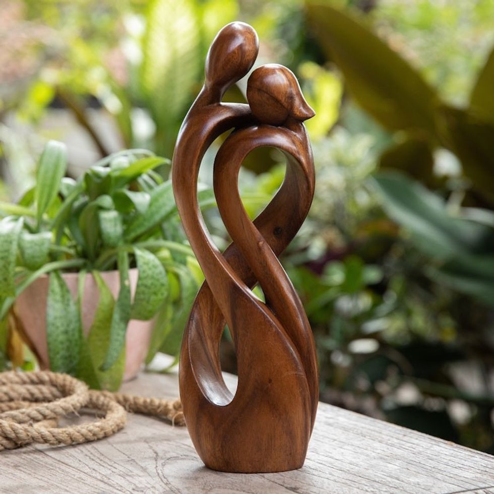 Romantic Handcrafted Semi-Abstract Suar Wood Sculpture 'Togetherness Forever'