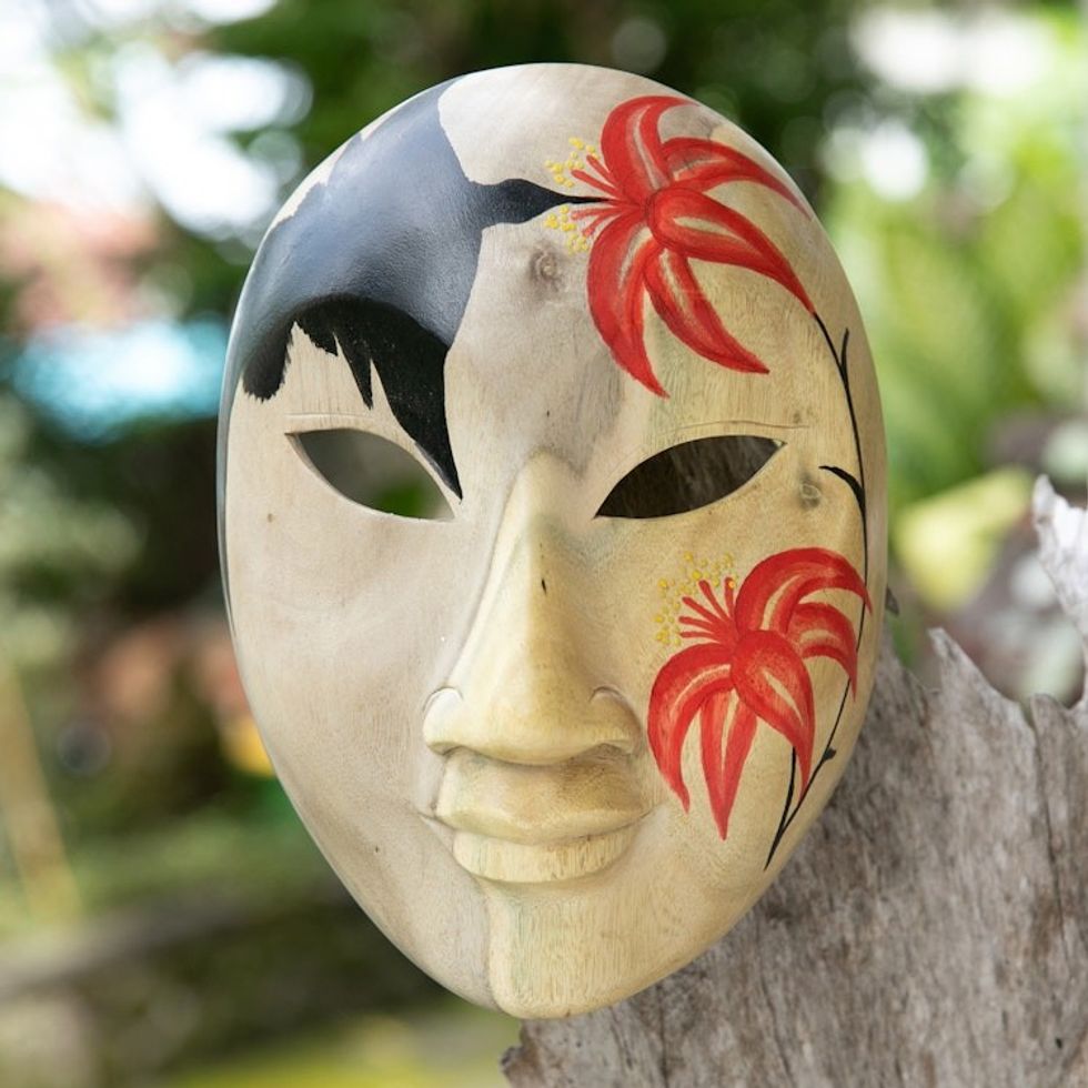 Wood Wall Mask with Hand-Painted Floral and Bird Motifs 'Hibiscus Lady'