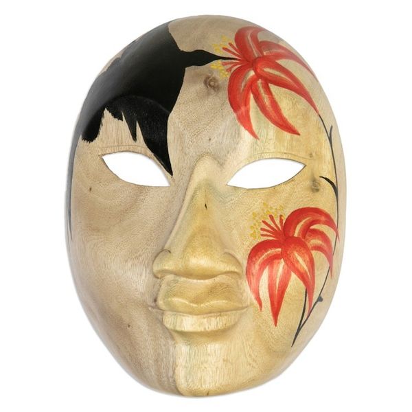 Alternate image for Wood Wall Mask with Hand-Painted Floral and Bird Motifs Hibiscus Lady