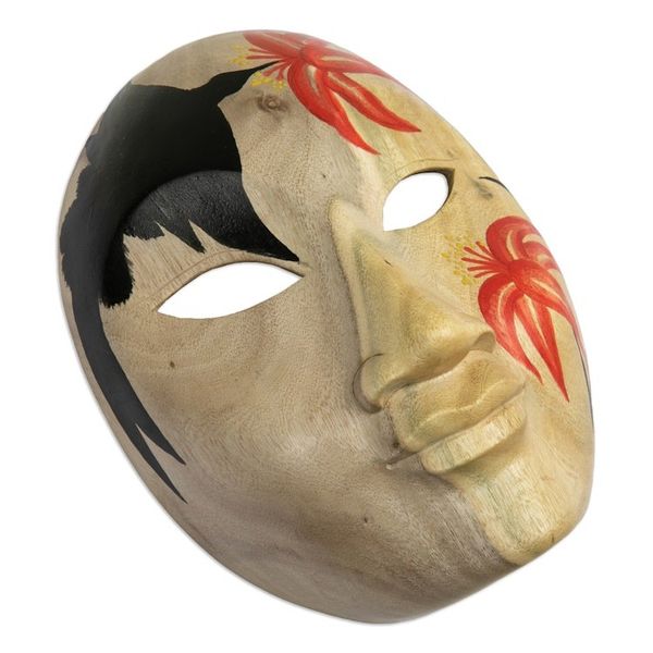 Alternate image for Wood Wall Mask with Hand-Painted Floral and Bird Motifs Hibiscus Lady