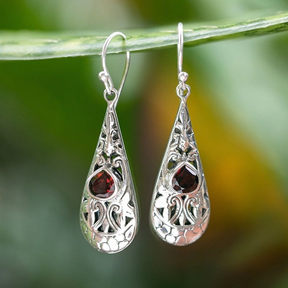 Swirl Armadillo Openwork Silver Garnet Dangle Earrings 'Crimson Blooming'