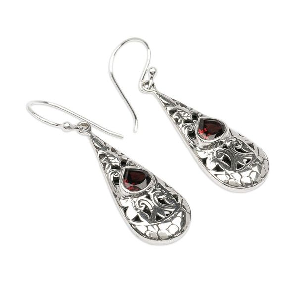 Alternate image for Swirl Armadillo Openwork Silver Garnet Dangle Earrings Crimson Blooming