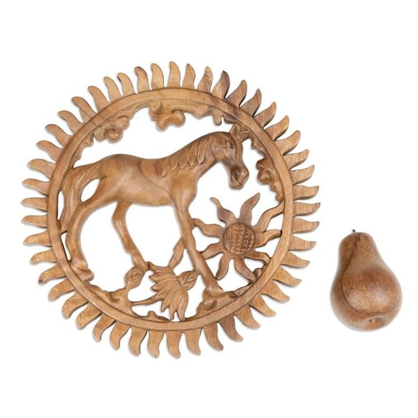Image for Spring-Themed Sun-Shaped Suar Wood Horse Relief Panel Spring Horse