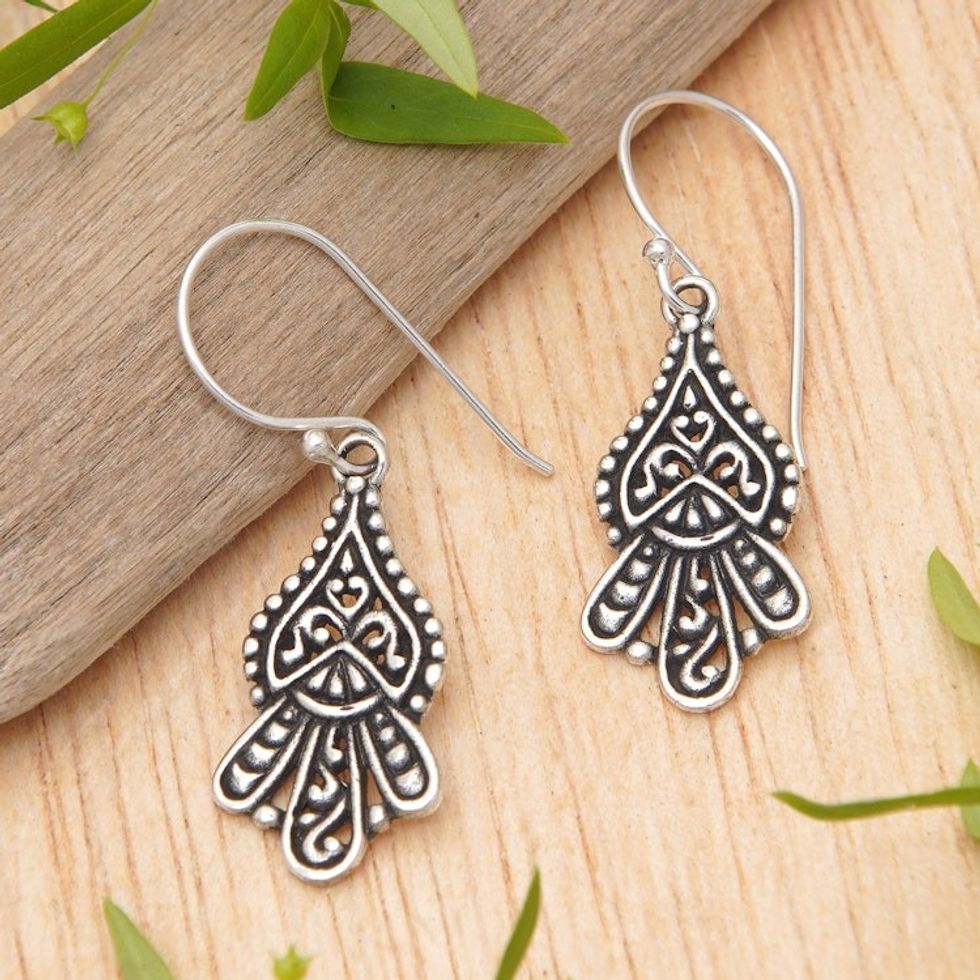 Classic Tropical Sterling Silver Dangle Earrings from Bali 'Tropical Crown'