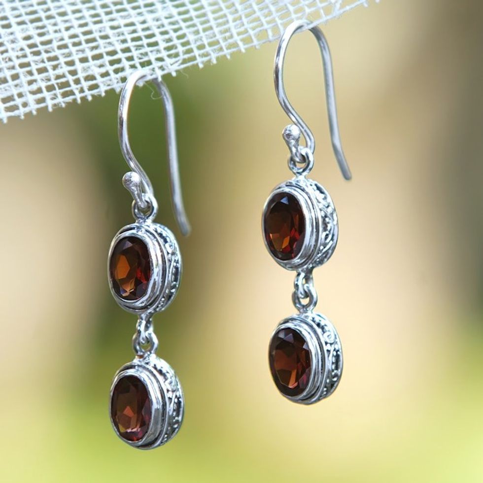 Sterling Silver Dangle Earrings with Natural Garnet Stones 'Faith of Love'