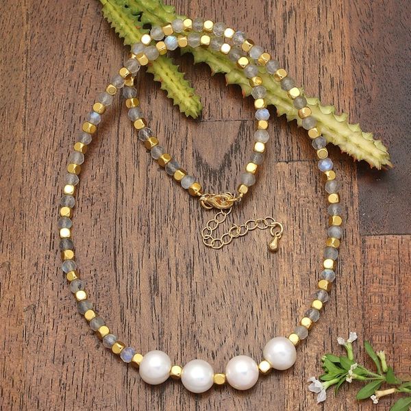 Alternate image for 18k Gold-Plated Rainbow Moonstone and White Pearl Necklace Queens Mist