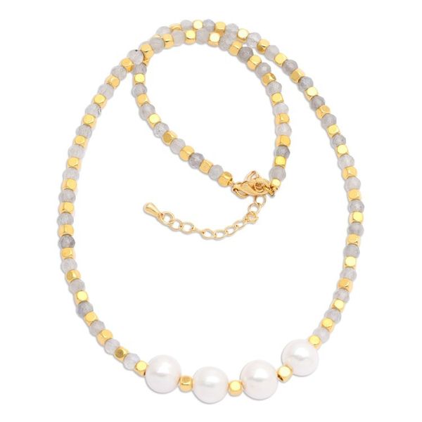 Alternate image for 18k Gold-Plated Rainbow Moonstone and White Pearl Necklace Queens Mist