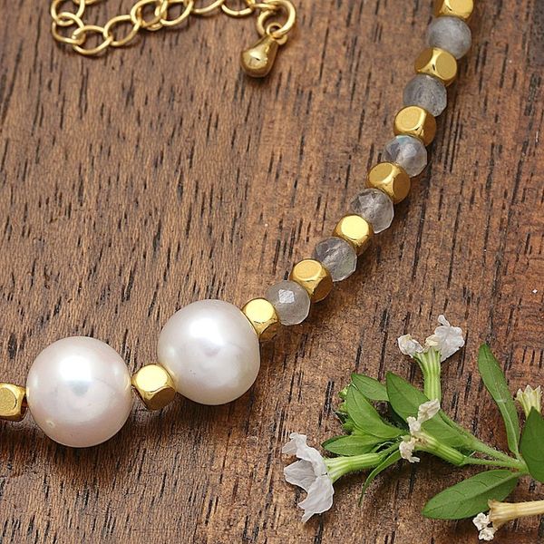 Alternate image for 18k Gold-Plated Rainbow Moonstone and White Pearl Necklace Queens Mist