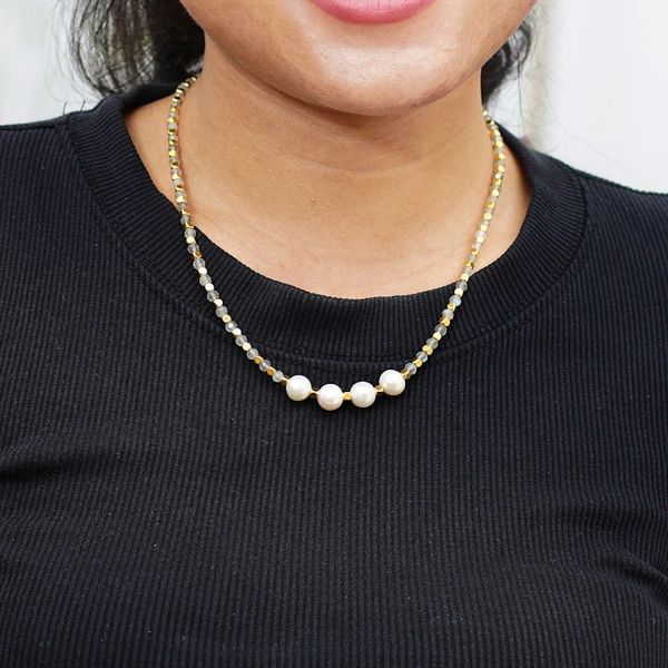 Alternate image for 18k Gold-Plated Rainbow Moonstone and White Pearl Necklace Queens Mist
