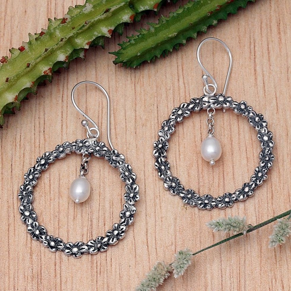 Plumeria-Themed Cultured Pearl Silver Dangle Earrings 'Plumeria Blossoms'