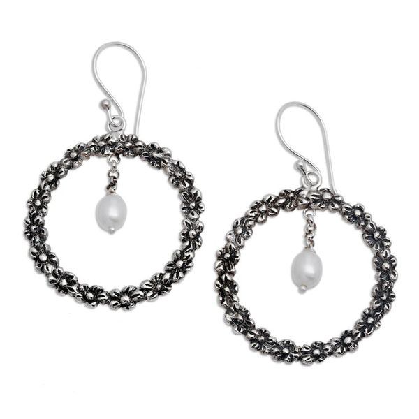 Alternate image for Plumeria-Themed Cultured Pearl Silver Dangle Earrings Plumeria Blossoms