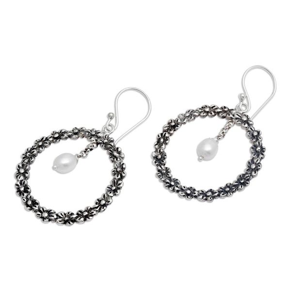 Alternate image for Plumeria-Themed Cultured Pearl Silver Dangle Earrings Plumeria Blossoms