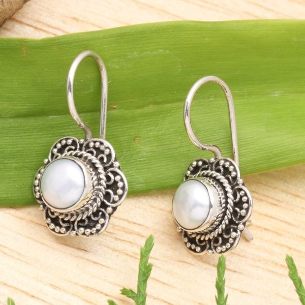 Alternate image for Floral Sterling Silver Drop Earrings with Cultured Pearls Iridescent Flower