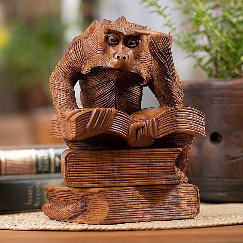 Hand-Carved Inspirational Suar Wood Monkey Sculpture 'No Limit Experience'