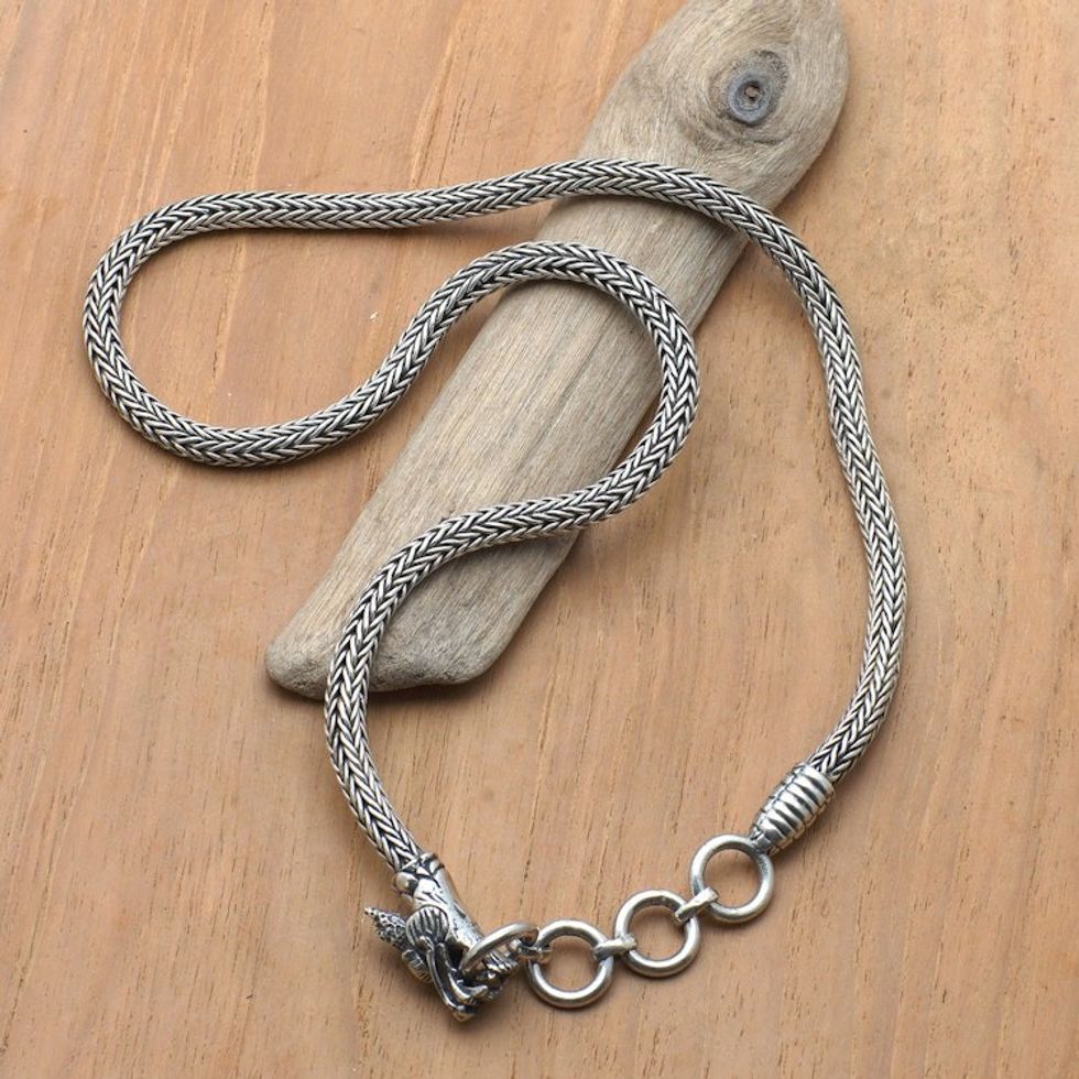 Men's Sterling Silver Dragon-Themed Braided Pendant Necklace 'Dragon Grandeur'