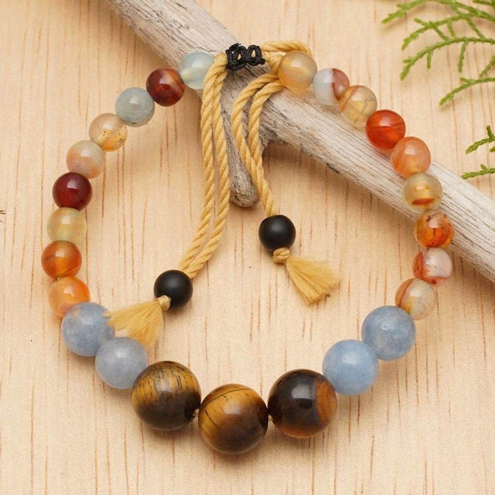 Adjustable Aquamarine and Tiger's Eye Bracelet Made in Bali 'Tranquil Soul'