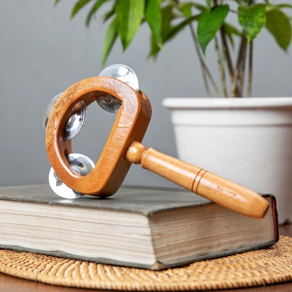 Carved Teak Wood and Stainless Steel Tambourine with Handle 'Joyous Rhythm'