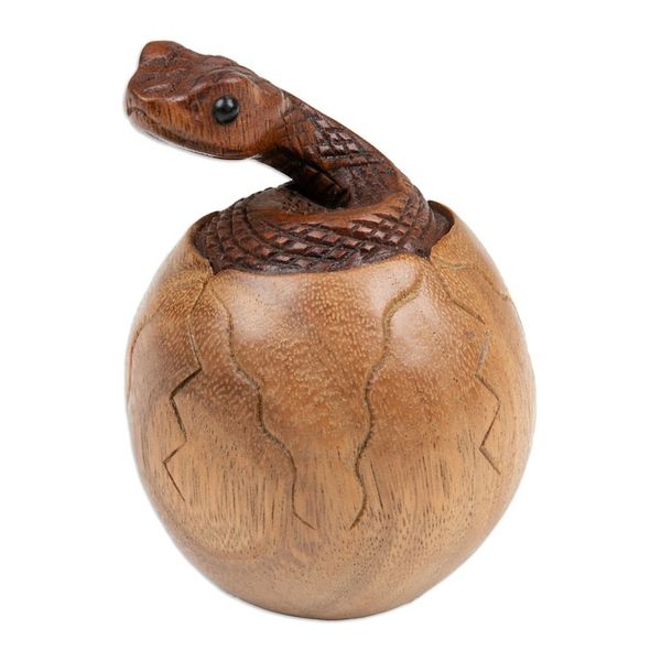 Alternate image for Hand-Carved Natural Suar Wood Sculpture of Hatching Cobra The Baby Cobra