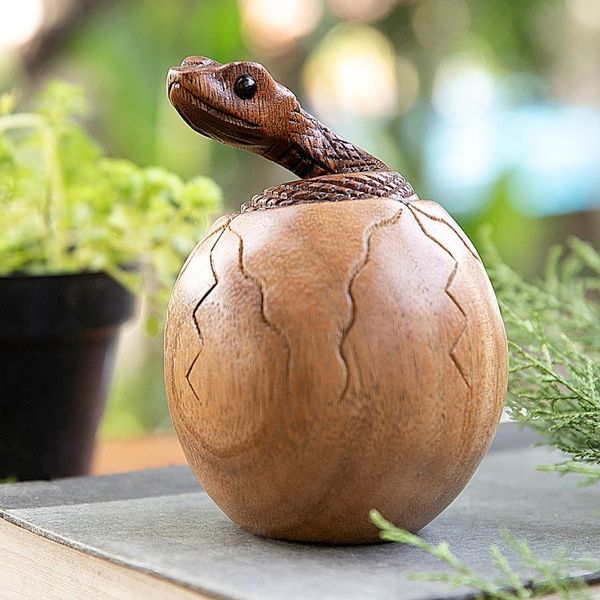 Alternate image for Hand-Carved Natural Suar Wood Sculpture of Hatching Cobra The Baby Cobra