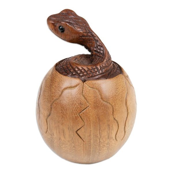 Alternate image for Hand-Carved Natural Suar Wood Sculpture of Hatching Cobra The Baby Cobra