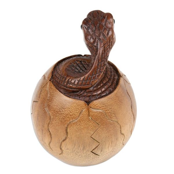 Alternate image for Hand-Carved Natural Suar Wood Sculpture of Hatching Cobra The Baby Cobra