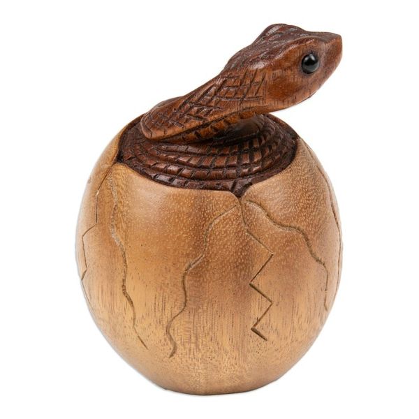 Alternate image for Hand-Carved Natural Suar Wood Sculpture of Hatching Cobra The Baby Cobra