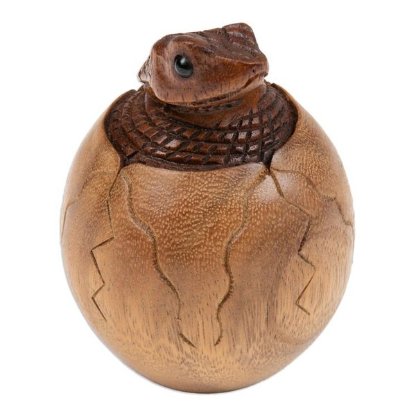 Alternate image for Hand-Carved Natural Suar Wood Sculpture of Hatching Cobra The Baby Cobra
