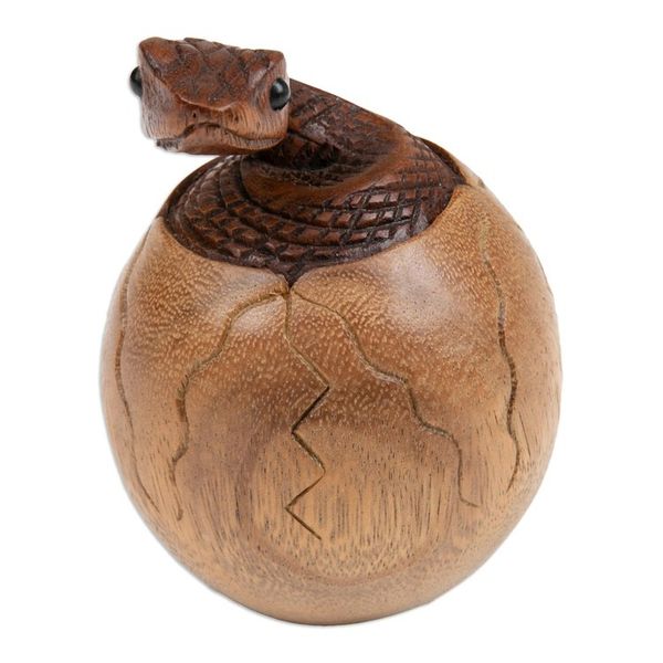 Alternate image for Hand-Carved Natural Suar Wood Sculpture of Hatching Cobra The Baby Cobra