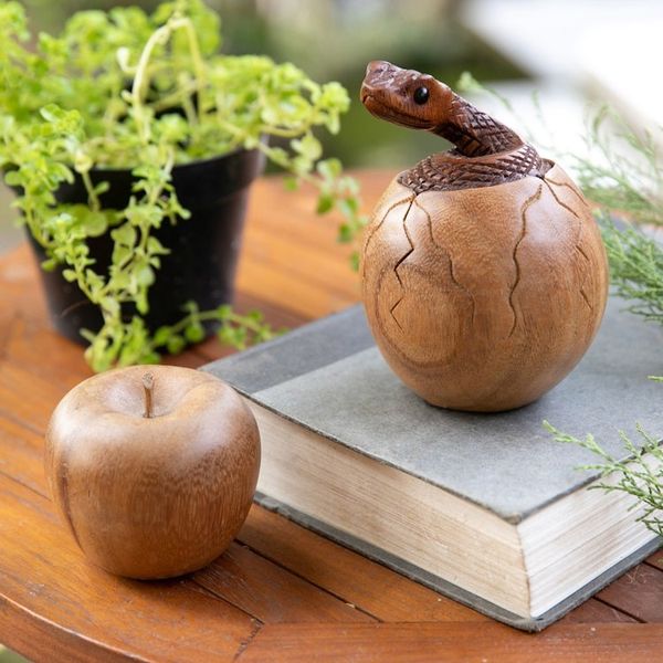 Alternate image for Hand-Carved Natural Suar Wood Sculpture of Hatching Cobra The Baby Cobra